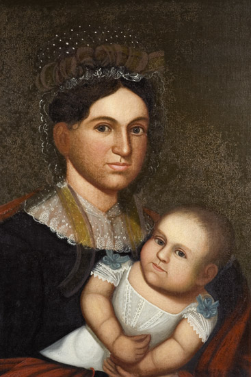 Portrait of Mother and Infant, Belknap, Folk Art
Attributed to Zedekiah Belknap (1781 to 1858)
Oil on Canvas, entire view
